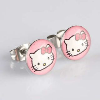   Pink HelloKitty Cat Round Stainless Steel Stud Earring Kids Girls