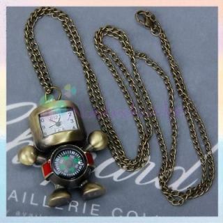 Retro Robot Compass Quartz Pocket Watch Chain Necklace