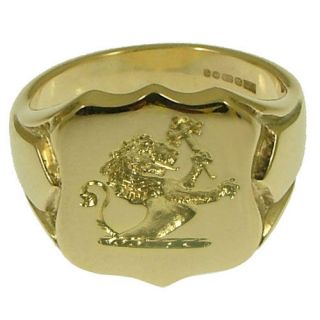   Family Crest Signet Ring Heavy 9ct 375 Solid Yellow Gold 14 x 13mm