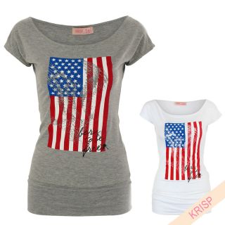 Boat Neck American Flag Stars Stripes Eagle Print Top T Shirt Blouse 