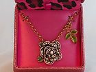   Johnson Goldtone Crystal Pink Enamel Flower Green Leaf Boxed Necklace