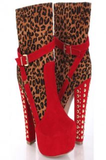 Red Leopard Print Faux Suede Studded Heel Platform Boots @ Amiclubwear 