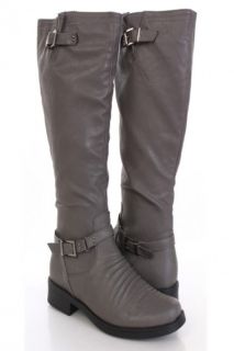 Home / Grey Faux Leather Buckle Strap Decor Knee High Flat Boots