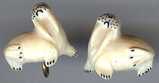 VINTAGE CARVED FAUX IVORY WALRUS MATES EARRINGS