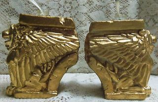 Rare Antique Set Chalkware Oil Lamps UNUSUAL Winged Lions with Glass 