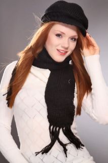 Home / Black Knitted Ruched Center Small Brim Beanie Matching Scarf 