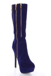 Navy Faux Suede Side Zippers Mid Calf Platform Boots @ Amiclubwear 