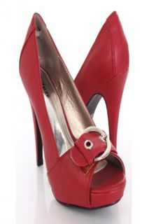 Red Faux Leather Stitched Peep Toe Buckle Peep Toe Heels @ Amiclubwear 