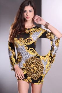Yellow Multi Mix Prints Long Sleeves Scoop Neck Sexy Party Dress 
