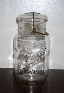 BALL IDEAL (CLEAR) QUART CANNING JAR WITH GLASS LID AND BAIL WIRE #11