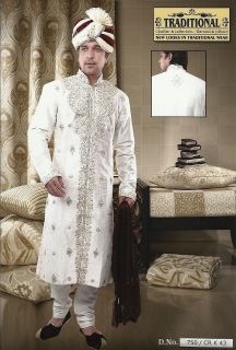 White Dupian Silk Kurta Pajama Semi Sherwani   CR K43