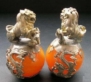 PAIR OF CHINESE green JADE &SILVER FOO DOGS STATUE 02223