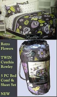   RETRO Flower Purple ​Gray Green Comforte​r Sheets 5P Set Twin Dorm