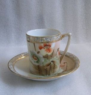 ANTIQUE JAPANESE HAND PAINTED POPPY NIPPON DEMITASSE CUP & SAUCER 