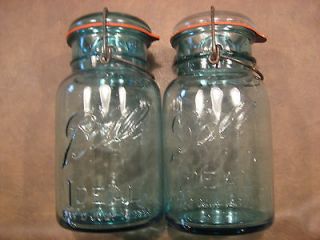 BALL IDEAL BLUE QUART FRUIT JARS WITH WIRE BAIL AND GLASS LIDS
