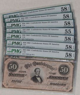 1864 $50 Confederate Notes AU55 Ch.AU58 PMG EPQ 7 Consecutive