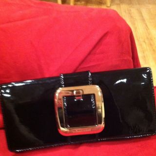 Michael Kors Black Patent Leather Clutch With Gold Buckle