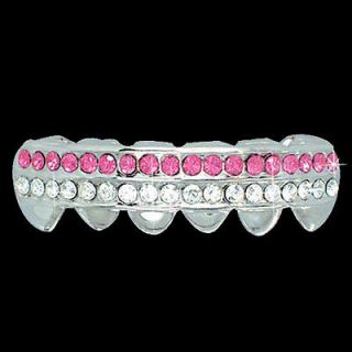 ICED OUT 2 ROW SILVER & PINK HIP HOP BLING BOTTOM ROW GRILLZ