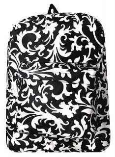 Black & White Damask Floral Print Backpack School Book Bag w/ Padded 
