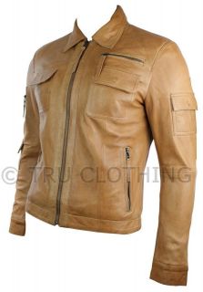 Mens Urban Vintage Short Saints Style Retro Leather Jacket Tan Brown 