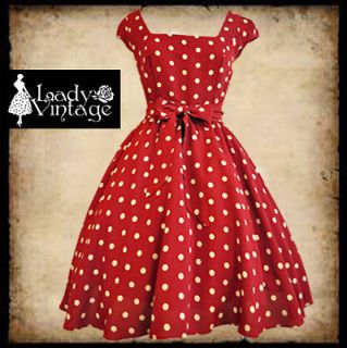 Lady Vintage 50s Retro RED WINE POLKA DOT Swing Jive Rockabilly Dress 