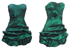 EMERALD GREEN TAFFETA PLEATED CORSAGE RUCHED PARTY PROM PUFFBALL DRESS 