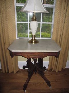 Victorian: Eastlake Marble Top Table Burl Walnut Nightstand, Entry 