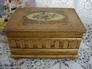 Vtg Florentine Wood Jewelry Box Gilt Paint Toleware