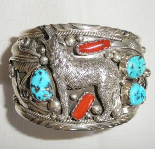 Native American H Yazzie Sterling Silver Turquoise WOLF Cuff Bracelet 