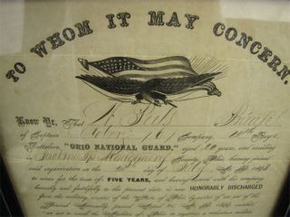Antique Ohio Civil War Era Discharge Document Framed