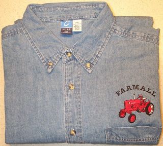Mens Farmall Cub Short Sleeve Blue Denim Embroidered Shirt w/Pocket