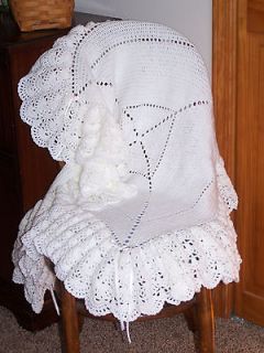 Crochet Soft Baby Afghan Blanket WHITE with Deep Scallop Ruffle 