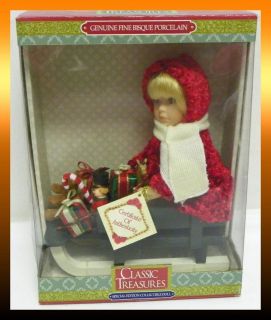 Classic Treasures GIRL ON SLED Christmas Fine Bisque Porcelain Doll 