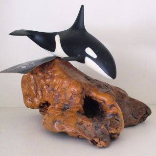 John Perry Orca Killer Whale Sculpture Pellucida Burlwood Base 