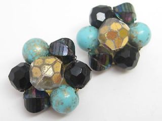 Rare Post WWII WEST GERMANY Modern Costume Earrings turquoise & black