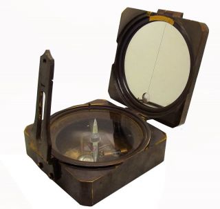  SHAPED TRANSIT COMPASS + CASE. HEAVY ANTIQUATED BRASS KELVIN & HUGHES