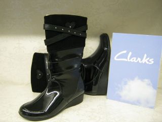 Clarks Girls Lottie Ruby Black Patent Leather Long Zip Up Boots