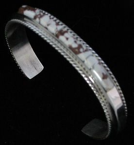 Navajo Indian Bracelet Wild Horse Inlay Cuff Sterling Silver 
