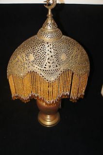 Antique Pierced Brass Electric Lamp Beaded Shade 20 Syria Peacock 