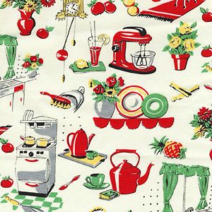   , FIFTIES KITCHEN 1950s Novelty Repro Fabric Red Green Black Cream