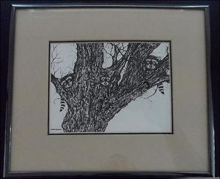 Baby Raccoons in Tree signed by JACK SEERY Matted and Framed