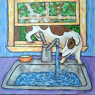 JACK RUSSELL terrier drinking from a sink thirsty ceramic dog art tile 