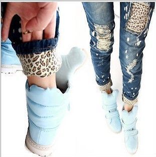 Women Leopard Cutout Broken Ripped Jeans Flanging Snow Feet Pencil 