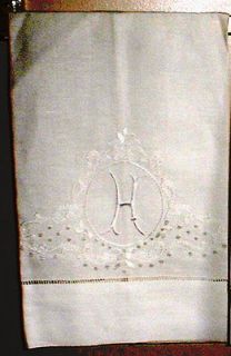 Large White Linen Guest Hand Towel monogrammed initial H hemstitched
