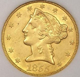 1855 Liberty Gold Half Eagle $5   Choice Uncirculated   Rare Early 