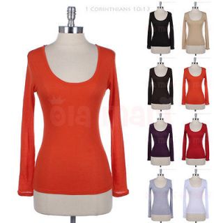Scoop U Neck Long Sleeve Plain Solid Top Tee Shirt Cotton Casual Easy 
