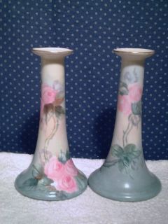 Hand Painted Pink Floral Roses 7 3/4 Porcelain Candle Stick Holders 