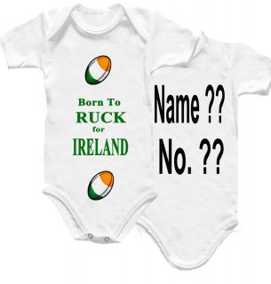 Ireland Rugby Baby Grow Shirt Ruck Irish Ball Flag Top Kit Name & No 