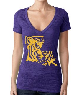 LSU TIGERS WOMENS BURNOUT Shirt   Next Level VNeck T Shirt Purple Gold 