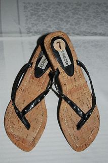 Steve Madden Black/Rhinestone Thong Sandals w Wedge Cork Heel Shoes Sz 